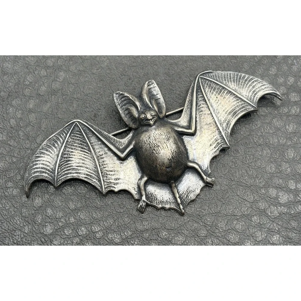 Vintage Bat Victorian Revival Brooch Pin Repousse Silver Tone Halloween Gothic